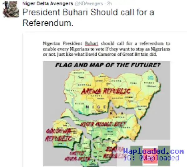 Niger Delta Avengers ask President Buhari to call for a referendum just like Cameron did